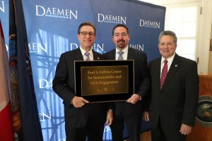 (L-R) President Gary A. Olson, Paul Saffrin, and Dr. Thomas Stewart, chair of the Daemen Board of Trustees