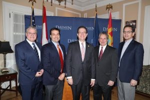 (L-R) Dr. Michael Brogan, Christopher J. Lauricella, and President Gary A. Olson, are joined by Dr. Thomas Stewart, chair of Daemen’s Board of Trustees, and Martin J. Berardi, president of Park's Board of Trustees