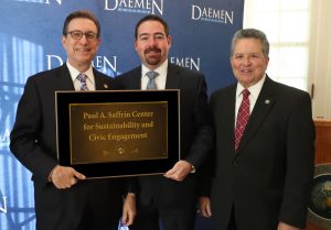 (L-R) Daemen President Gary A. Olson, Paul Saffrin, and Dr. Thomas Stewart, chair of the Daemen Board of Trustees