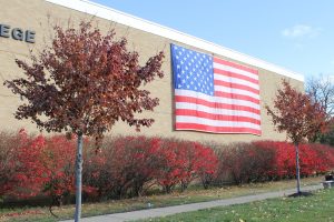 US flag hung outside Lumsden Gym