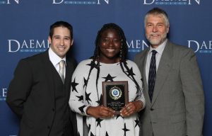 (L-R) Dr. Greg Nayor, Rose Carmel Altidor, and Chris Malik, former director of student activities, for whom the Student Leader of the Year Award is named.