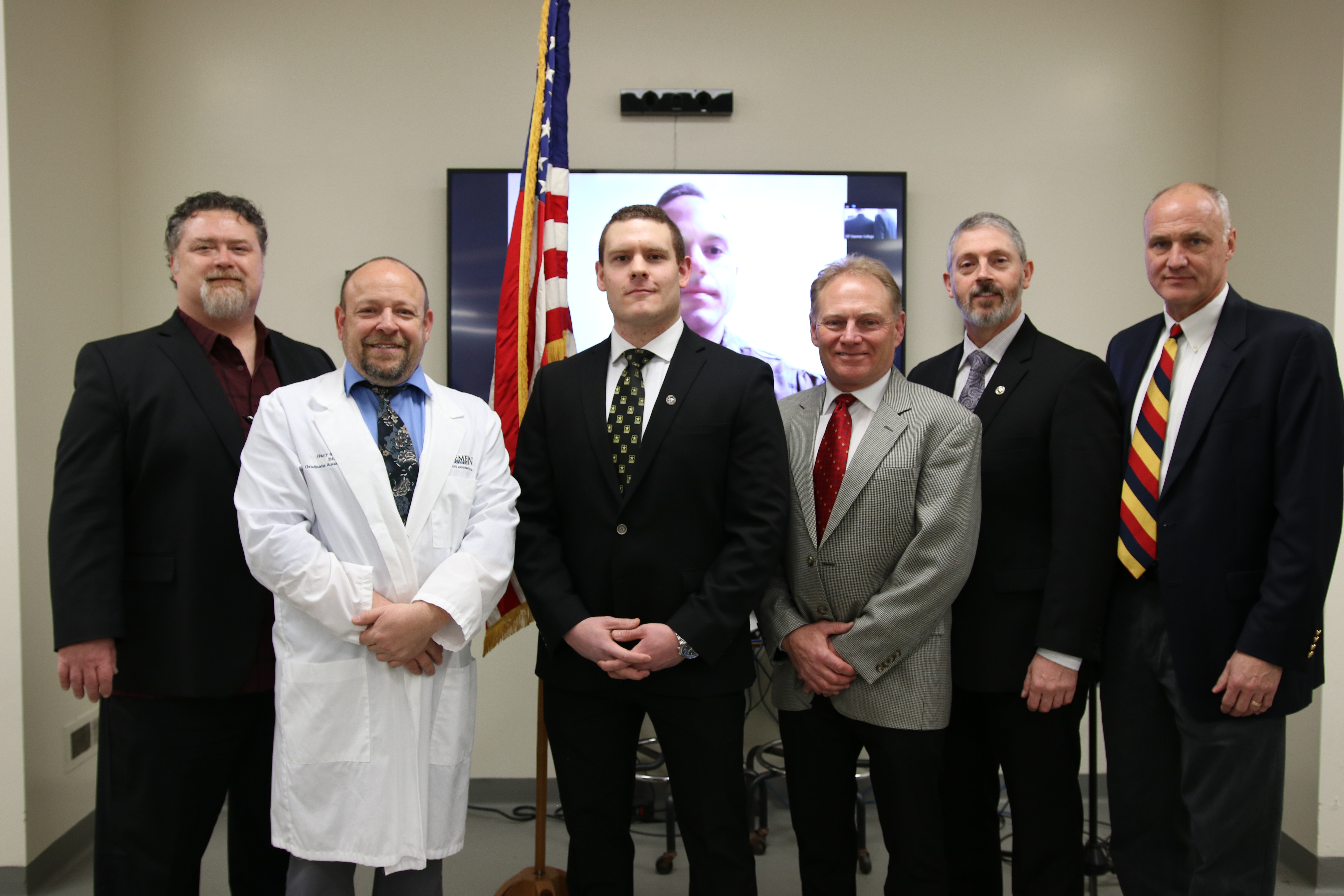 (L-R) Dr. Michael Ross, assistant professor of physical therapy; Dr. Gary Styn, director of graduate anatomical sciences and clinical assistant professor; Dr. Sean Christie; Dr. Ron Schenk, professor of physical therapy; Dr. Greg Ford, chair of physical therapy; and Dr. Karl Terryberry, professor of physical therapy.