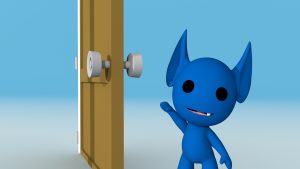 Still from Coronavirus PSA, blue creature standing next to a door.