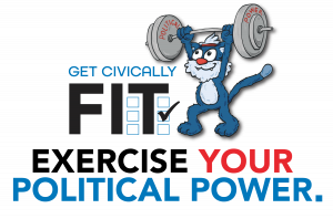 Willie the wildcat holding up weights, text says Get Civically Fit