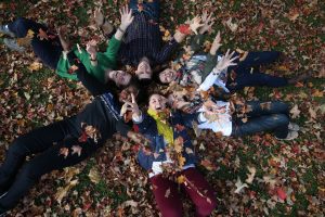 Students laying on their backs in a circle in a pile of fall leaves throwing them up in the air