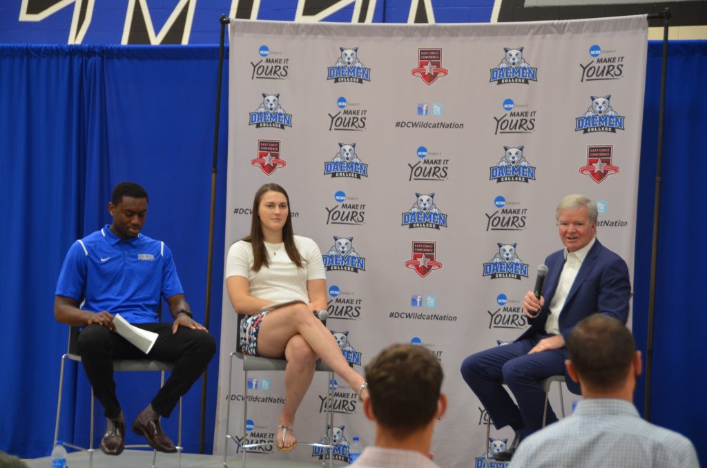 Student-athletes interview NCAA president on stage
