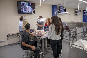 students looking at a display screen while sitting around an exam table