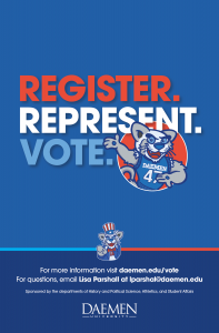 Get Civically Fit poster image that says Register. Represent. Vote. Includes image of Daemen's mascot. 