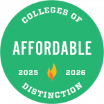 Round green seal that says Affordable Colleges of Distinction 2025-2026