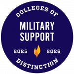 Round navy seal that says Military Support Colleges of Distinction 2025-2026