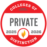 Round red seal that says Private Colleges of Distinction 2025-2026