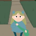 Animated female figure on a sidewalk