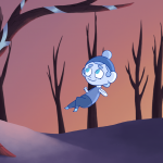 Animated figure floating in an animated forest