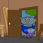 Two animated figures walking into a tool shed.
