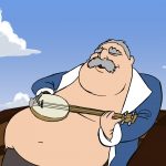 Animated male figure playing a banjo