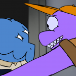 Two colorful animated figures facing each other