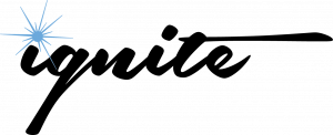 Script that spells out ignite with a blue burst as the dot for the first I