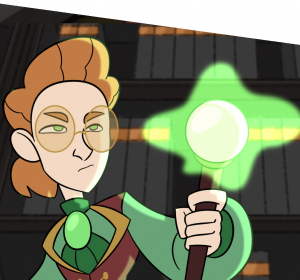 Animated male figure with glasses, wearing a green shirt and brown vest and holding a sceptor