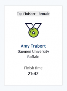 Image showing a top female finisher's name (Amy Trabert) and her finish time for running race.