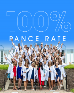 A group of PA graduates wearing their white coats with their hands raised in the air