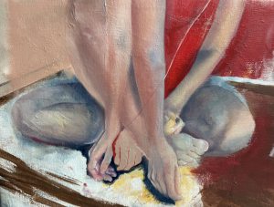 Abstract painting of a person's arms and legs on a beige and red background.