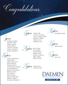 White image with black and blue text listing names of faculty and staff who are celebrating work anniversaries from 5 years to 45 years