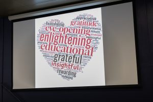 Word cloud in the shape of a heart projected on a large screen