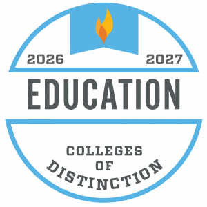 Round blue seal that says Education Colleges of Distinction 2026-2027