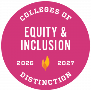 Round magenta seal that says Equity & Inclusion Colleges of Distinction 2026-2027