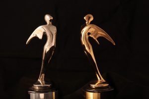 Dark background with two awards (one bronze, one silver)