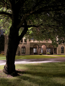 Nighttime photo of Curtis Hall building